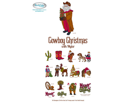 A collection of 15 "Cowboy Christmas with Mylar" embroidery designs.