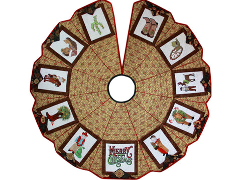 A Western-themed Christmas tree skirt with various cowboy and Christmas designs.