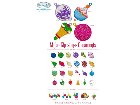 A collection of 33 Mylar Christmas ornament embroidery designs.