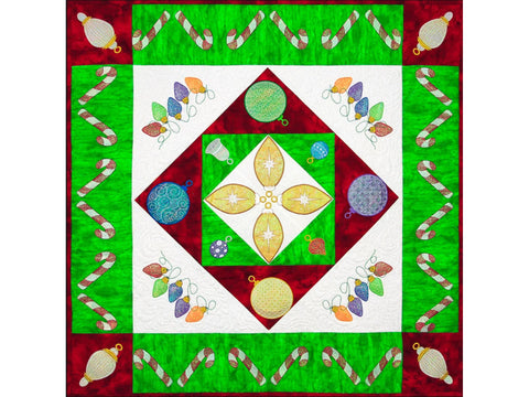 A Christmas quilt featuring ornaments, candy canes, and string lights on a red and green background.