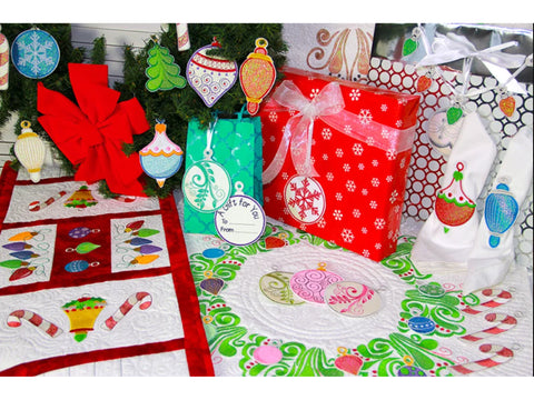 A collection of sparkling Mylar Christmas ornaments, gifts, and quilted decorations.