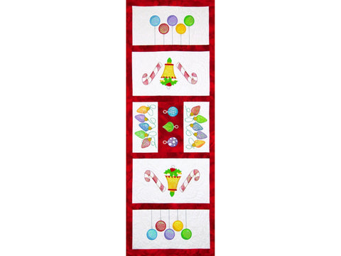 A quilted wall hanging features five panels of colorful Christmas ornament designs.