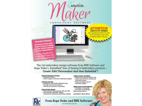 Embellish Maker embroidery software displayed on a computer screen with a woman smiling.