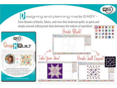 Quilters Select Design N Quilt software shown with various design screens and a product box.
