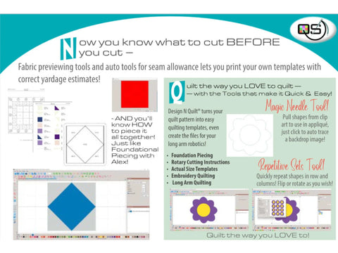 Quilters Select Design N Quilt Software with fabric previewing tools and quilting templates.