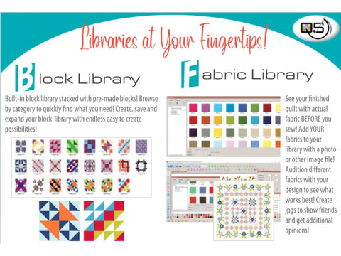 A software interface for quilt design, featuring block and fabric libraries.