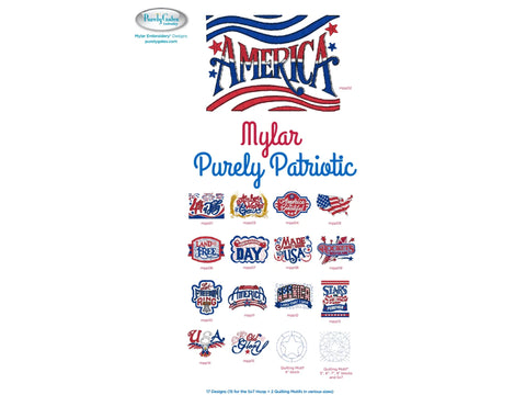 A collection of 17 patriotic embroidery designs, including "America" and "Land of the Free."