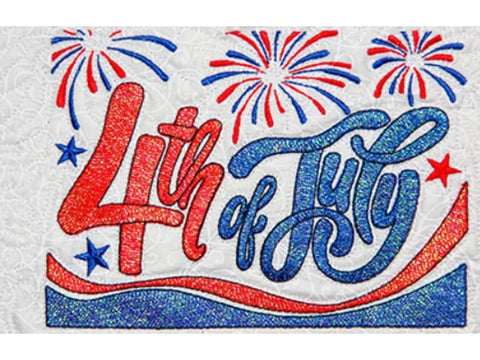 Embroidered "4th of July" design with fireworks and stars in red, white, and blue.
