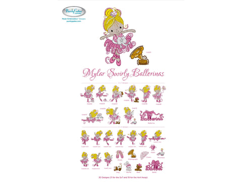 A collection of Mylar Swirly Ballerinas embroidery designs, featuring ballerinas and ballet-themed items.