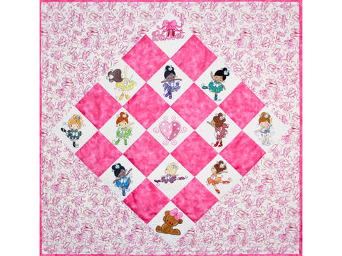 A quilted blanket featuring a diamond pattern with ballerina designs and a teddy bear.