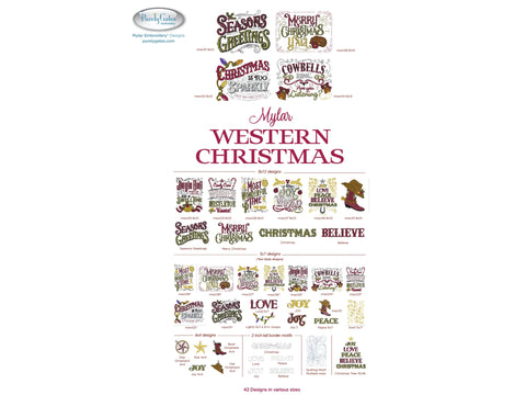 A collection of Mylar Western Christmas embroidery designs featuring holiday phrases and western elements.