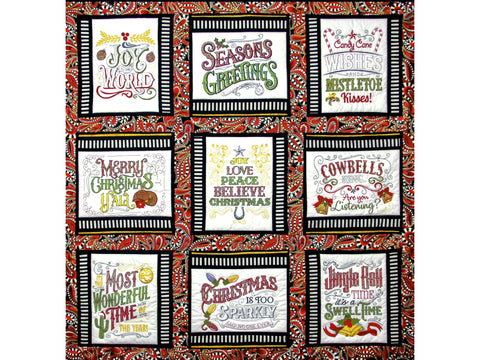 A quilted wall hanging features nine embroidered Christmas phrases with a western theme.