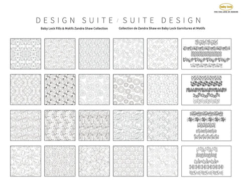 A white page displays 20 square and 4 rectangular panels of black and white floral and nature-themed patterns.