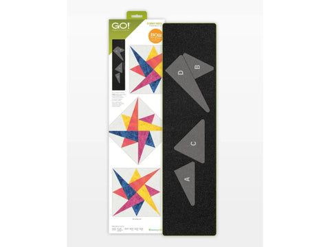 A quilting die and packaging for the AccuQuilt GO! Starry Path, showing three colorful star quilt blocks.