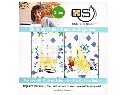 A Quilters Select ruler holder with a woman smiling in the background.