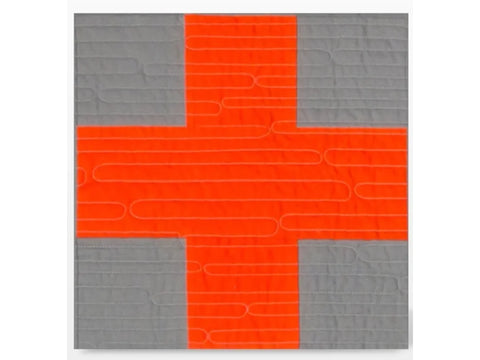 A gray fabric with an orange cross design, featuring horizontal and curved stitching.