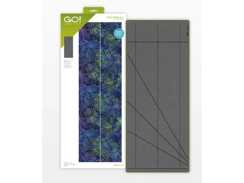 A GO! fabric cutting die for a 3-1/2 inch strip cutter is shown next to its packaging.