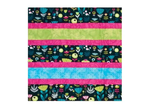 A quilt with horizontal strips of floral fabric, pink, lime green, and light blue.