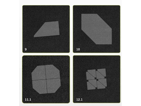 Four dark gray fabric cutting dies with various geometric shapes are displayed on a black background.