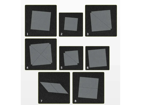 Eight dark gray fabric cutting dies are arranged on a white background.
