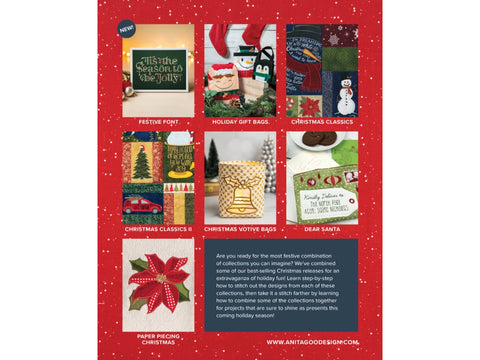 A red background with white snowflakes displays seven Christmas-themed embroidery designs.