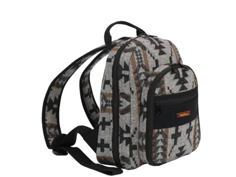 A gray backpack with a geometric pattern in black and brown, featuring a front pocket.