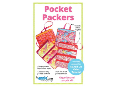 Four colorful fabric bags with handles and clear zippered pockets are displayed.
