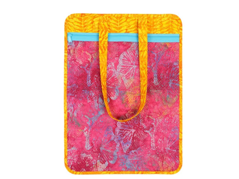 A vibrant pink mesh bag with a yellow floral border and handle, featuring a light blue zipper.