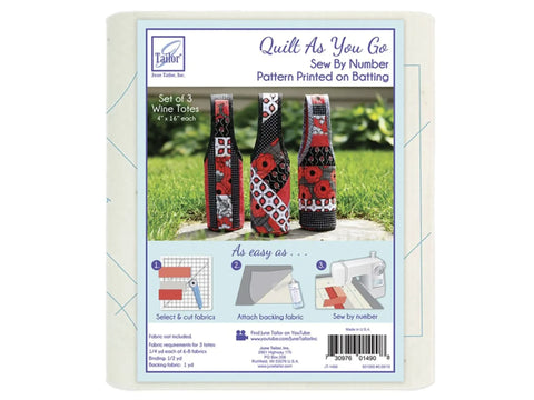 A June Tailor Quilt As You Go Wine Tote 3-pack with instructions and example wine totes.