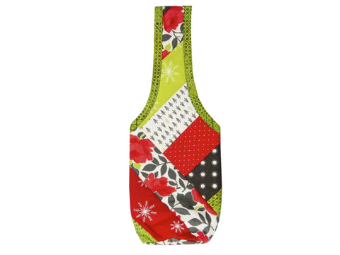 Three quilt-as-you-go wine totes with festive holiday patterns.