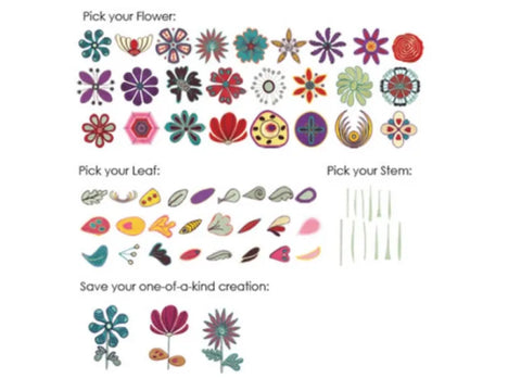 A customizable flower design kit with various flower, leaf, and stem options.