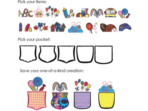 A design sheet for customizable kids' pockets with various items and pocket shapes.
