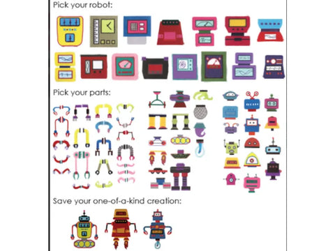 A collection of colorful robot parts and three assembled robots.