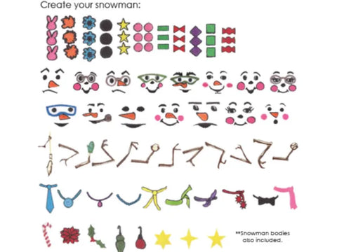 A collection of snowman parts including faces, arms, accessories, and decorative elements.