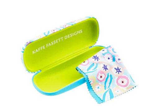 A Kaffe Fassett hard shell glasses case with a matching microfiber cloth.