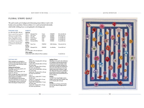 A book page shows a floral stripe quilt pattern with instructions and a finished quilt image.