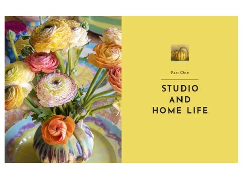 A vibrant bouquet of ranunculus flowers in a colorful vase next to a yellow page with text.