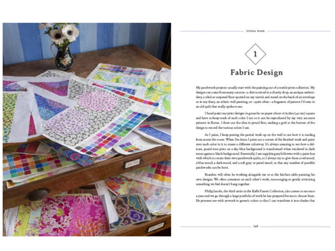 Kaffe Fassett's studio with fabric swatches, color palettes, and a book open to "Fabric Design."