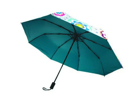 Aqua umbrella with a colorful floral pattern along the edge.