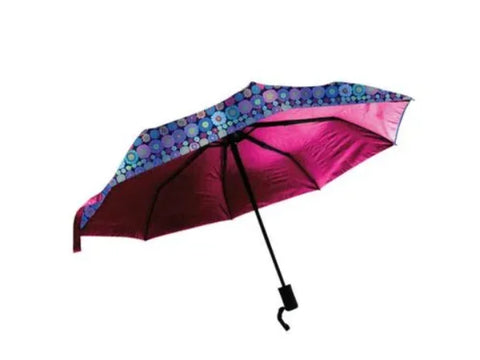 Kaffe Fassett umbrella with a colorful floral pattern and magenta underside.
