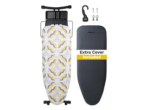 Ironing board with a yellow and gray patterned cover, an extra black cover, and mounting hardware.