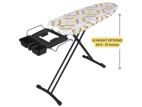 An IronMatik Space Maker ironing board with a yellow and gray patterned cover.