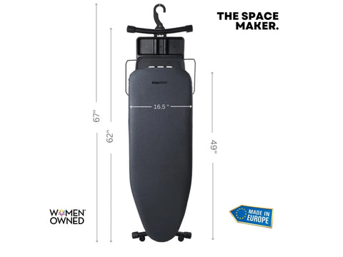 Black IronMatik ironing board with dimensions 67" x 16.5" and "Made in Europe" label.
