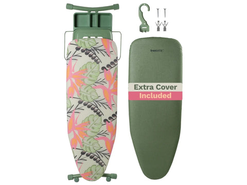 A green ironing board with a tropical print cover and an extra solid green cover.