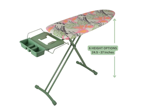 A green ironing board with a tropical leaf and flower pattern, featuring an attached green accessory tray.