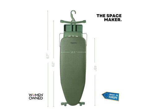 A tropical green IronMatik Space Maker ironing board with dimensions 67, 62, 49, and 16.5 inches.