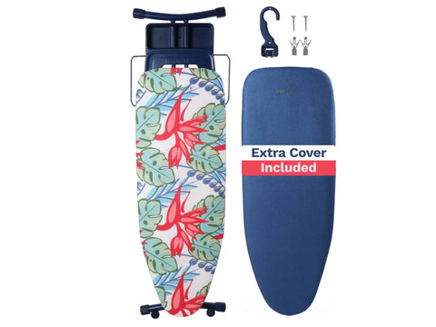 IronMatik Space Maker ironing board with tropical cover and an extra blue cover.