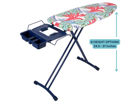 A blue ironing board with a tropical floral cover and an attached accessory tray.