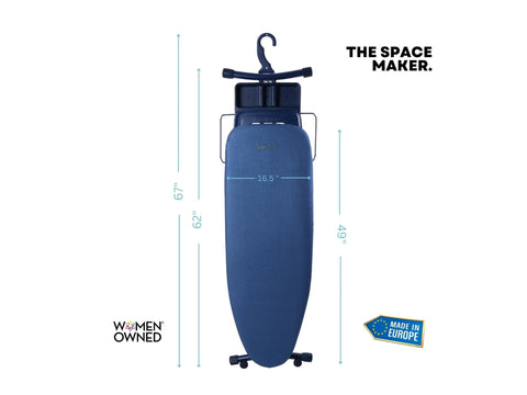 A blue ironing board with a black accessory tray and hanger, displaying dimensions and text.