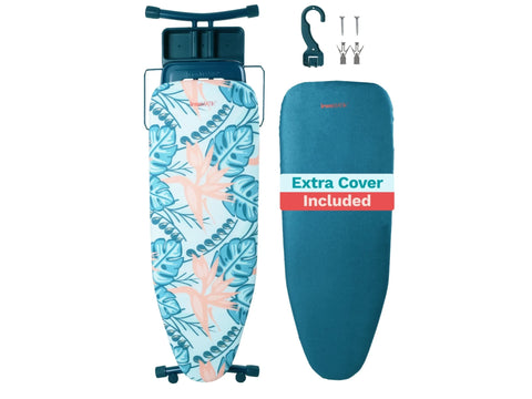 An IronMatik Space Maker ironing board with a tropical teal cover and an extra plain teal cover.